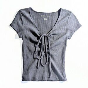 AE Keyhole Tie-Front Crop Top Tee, Black, XS